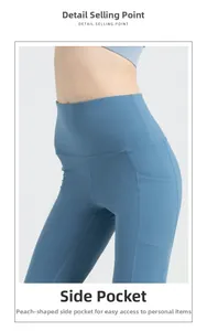 Detail view of high waisted yoga pants with functional side pockets in mist blue