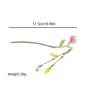 Golden hair stick with pink calla lily flower and tassels, length 17.5cm and weight 26g