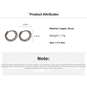 Technical dimensions of twisted zirconia earrings showing a size of 1.3cm by 1.4cm