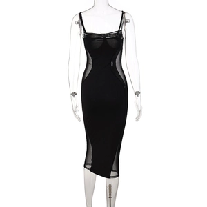 Detailed close-up of a black bodycon dress featuring sheer mesh inserts and slim-fit cut