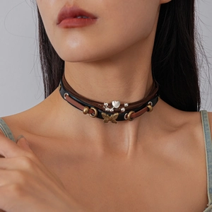 Vintage layered leather choker with butterfly and heart pendants for women's retro style