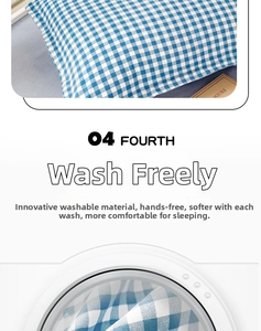 Detail of blue and white checkered pillowcase highlighting its washable soft fabric