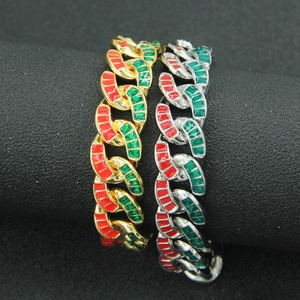 Hip hop style gold and silver Cuban chain bracelets with red and green enamel inlay