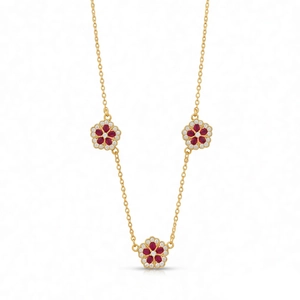 18K gold plated necklace with three red stone flower pendants and white zircon accents