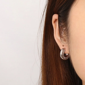 Detailed view of silver-tone C-shape stainless steel earrings with micro-inlaid zircons