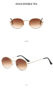 Detail view of gold metal oval sunglasses with brown gradient lenses from two angles