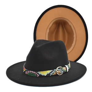 Detail of black wool fedora with khaki interior and multicolored faux snake skin belt strap