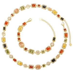 Luxurious gold-tone choker and bracelet set with multi-color rhinestones and diamonds
