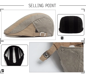 Detail of vintage cotton flat cap showing adjustable metal buckle and breathable texture