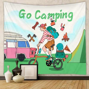 Détail d'une tapisserie murale Go Camping avec illustrations colorées sur le plein air