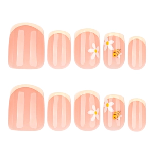 Short square press-on nails with yellow French tips, cute honeybee and flower designs
