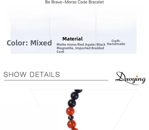 Detail of adjustable Morse code bracelet featuring 6mm red agate and matte beads