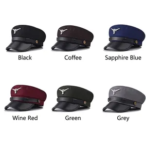 Flat top military cadet hat with metal bull head emblem and leather brim in six colors