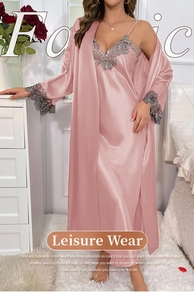 Close-up of pink silk satin loungewear set featuring intricate grey floral lace embroidery