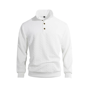 Retro white men's quarter-button cable knit sweater with stand collar and spliced texture