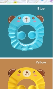 Detail of adjustable cartoon bear baby shower caps in blue and yellow colors