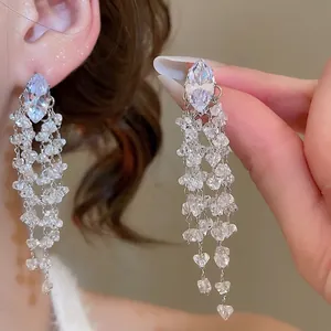 Exquisite silver needle rhombic crystal tassel earrings with sparkling zircon stones