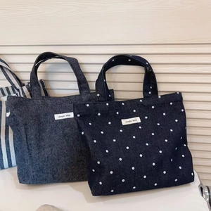 Retro denim tote bag featuring polka dots and stripes with simple wish fabric label