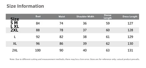 Detailed size chart for long sleeve maxi dress including bust and waist measurements