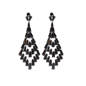 Elegant long geometric drop earrings with black crystals and silver needle studs