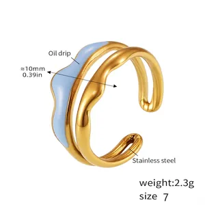 Detail view of size 7 golden stainless steel wave ring with light blue oil drip finish