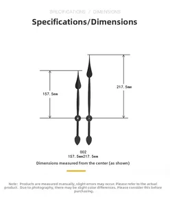 Detailed dimension guide for matte black metal clock hands in teardrop leaf style