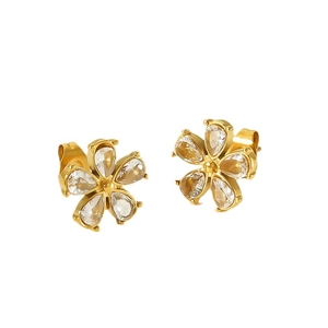 Elegant 18k gold plated stainless steel flower stud earrings with clear zircon petals