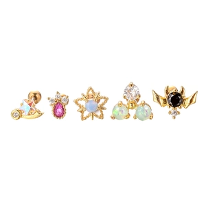 Vintage gold stud earring set featuring heart, star, and crescent moon shapes with zircon
