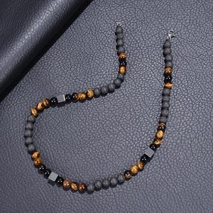 Natural 8mm tiger eye and lava stone beaded necklace with square magnetic spacers