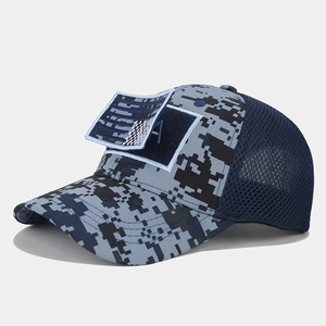 Detail of digital camouflage tactical hat with breathable mesh and front hook-and-loop patch