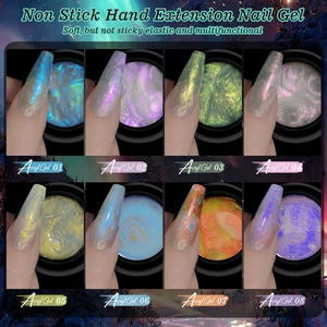 Non-stick Aurora extension nail gel in eight iridescent shades with a soft texture