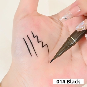 Macro view of 0.05mm ultra-fine liquid eyeliner pen showing smooth black stroke on skin