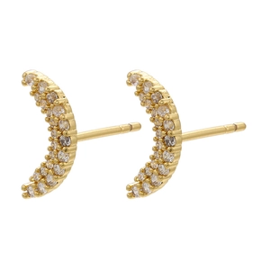 Macro view of gold crescent moon stud earrings with pavé set white zircon stones