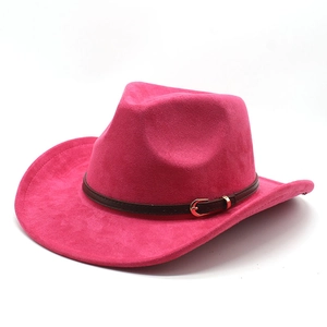 Detail of rose red faux suede cowboy hat featuring a brown leather band and gold buckle
