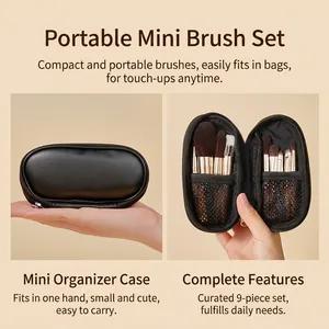 9pcs mini portable makeup brush set with black leather zipper case for travel use