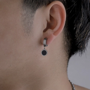 Men's hip hop punk hoop earring with a sleek black round pendant in silver stainless steel