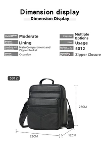 Dimensions display for black leather crossbody bag with 22x27x12cm size measurements