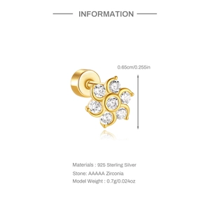 Detail showing 925 sterling silver flower stud earring with zirconia and measurements