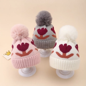 Baby Knit Beanie Hat Warm Acrylic Winter Infant Newborn Tulip Flower Jacquard With Faux Fur Pom Pom
