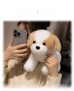 Close-up of soft brown and white plush puppy toy held during a high-quality mirror selfie