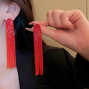 Sparkling red rhinestone tassel earrings for women with a long square dangle fringe design