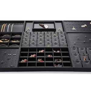 Black PU leather jewelry display tray set for rings, necklaces and watches organizer