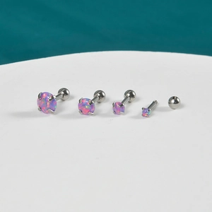 Set of 4 stainless steel prong-set purple opal cartilage earrings in varied sizes