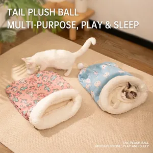 Plush pet sleeping bag with cute patterns and hanging pom-poms for cats and small dogs