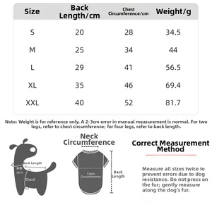 Size chart for pet clothing showing back length and chest girth measurements for dogs