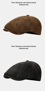 Close-up of retro suede newsboy caps in brown and black colors with fine texture