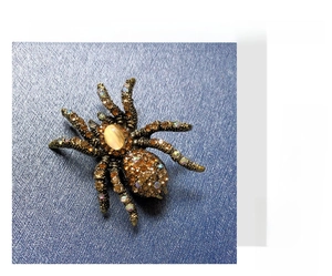 Detailed view of spider brooch with champagne rhinestones and cat's eye stone inlay