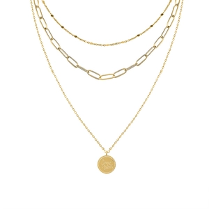 Three-layer 18k gold plated necklace with Carpe Diem coin pendant and paperclip chain