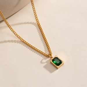 18k gold plated stainless steel necklace featuring a rectangular emerald zircon pendant