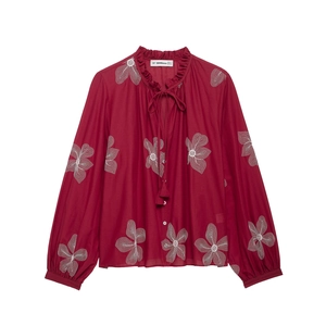 Women Long Sleeve Blouse Wine Red Floral Embroidery Ruffle Stand Collar Tie Neck Loose Retro Sweet Top